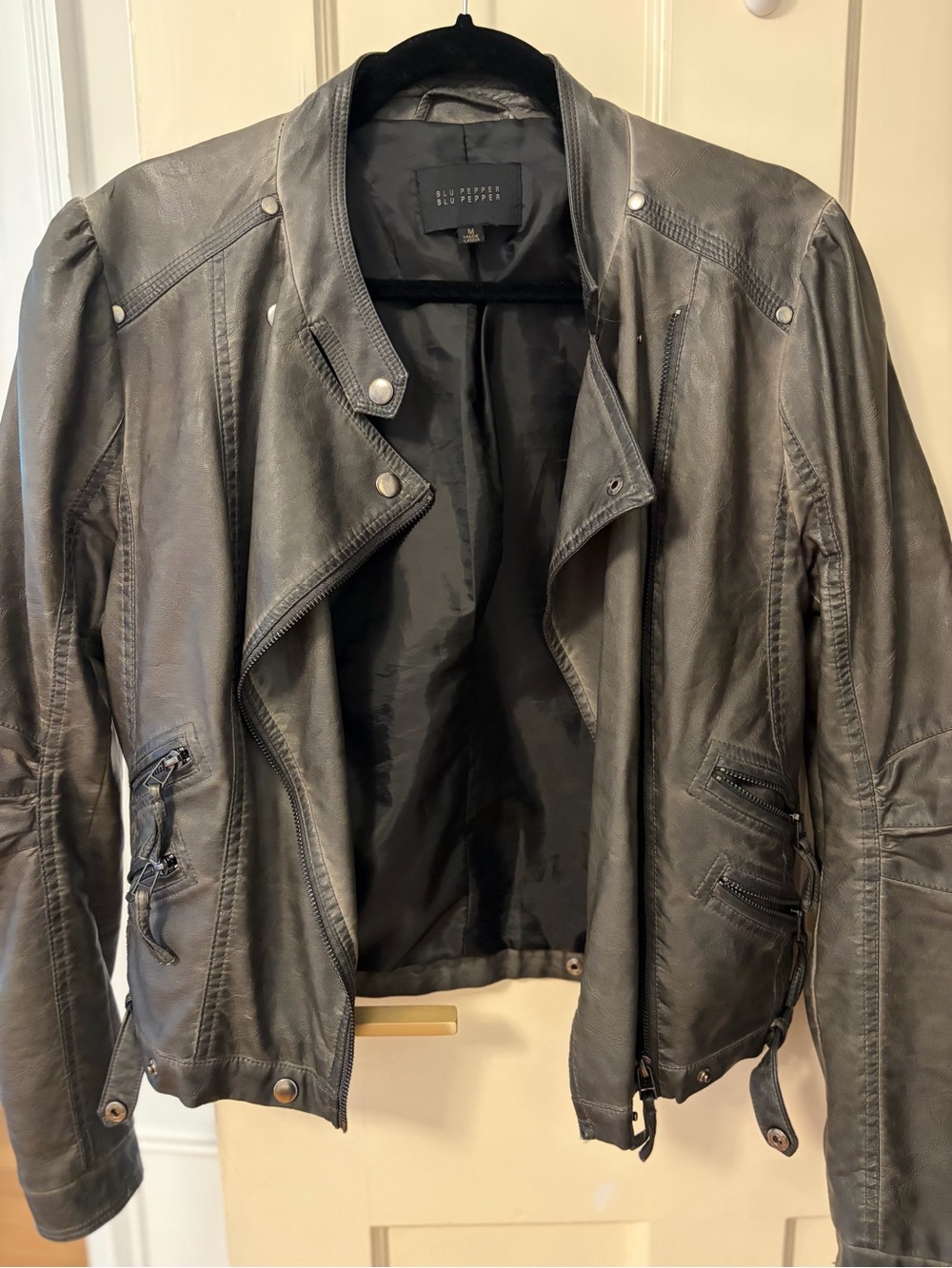 Blu Pepper Women's Dark Gray Leather Biker Jacket with Zip Details